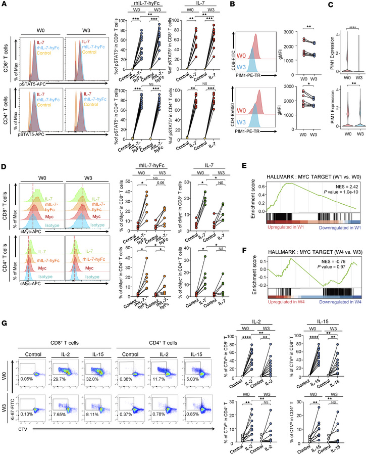 Altered cytokine signaling following repeated rhIL-7-hyFc treatment.
(A)...