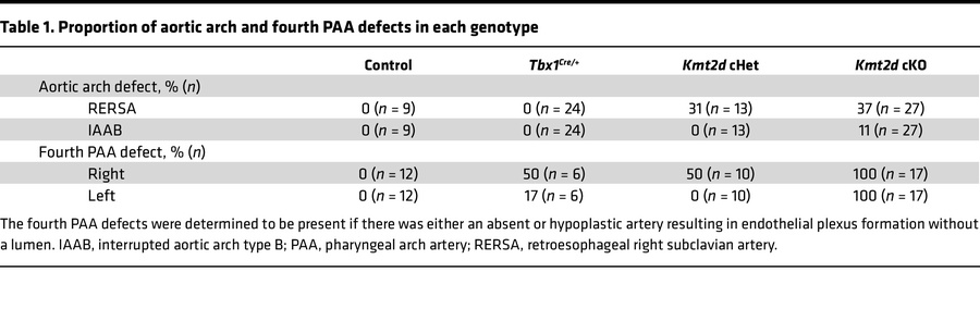 Proportion of aortic arch and fourth PAA defects in each genotype