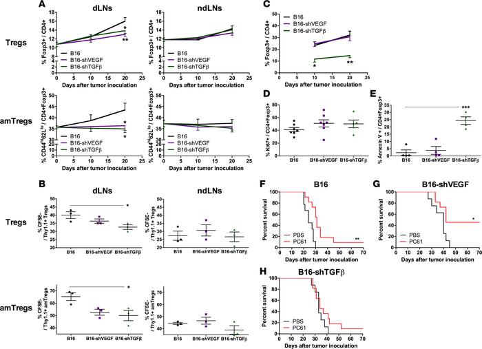VEGF or TGF-β silencing abolishes Treg and activated/memory Treg (amTreg...