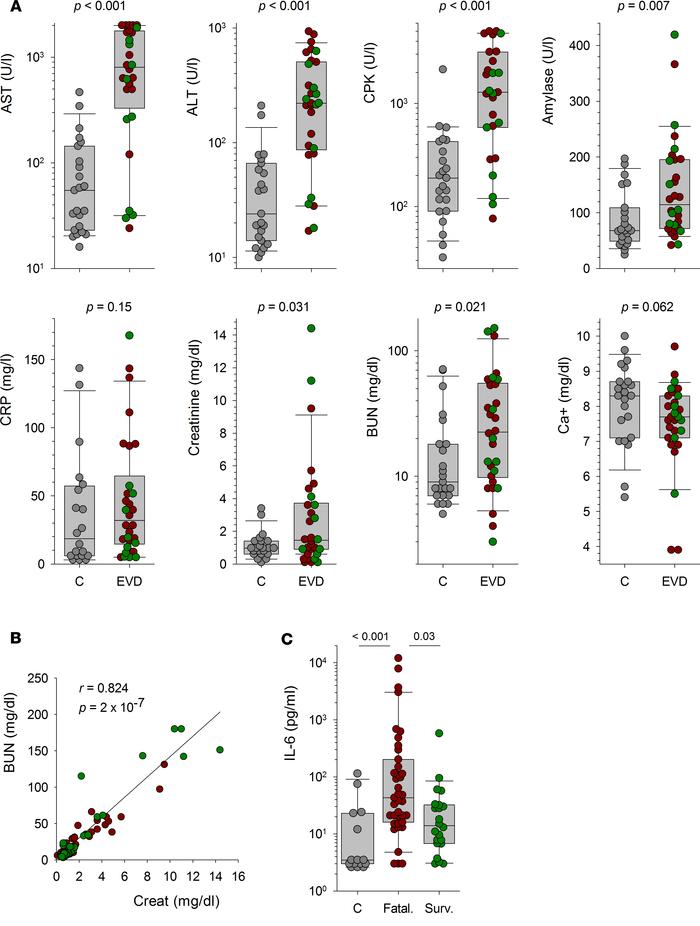 Association between biochemical parameters and EVD.
(A) The levels of an...
