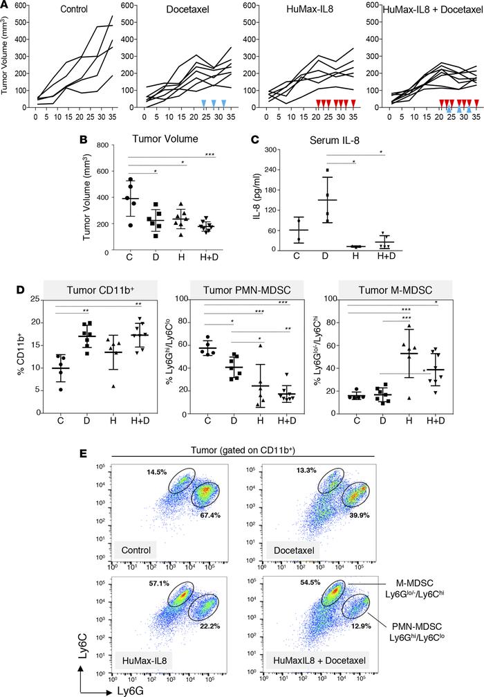 Neutralization of IL-8 reduces tumor growth and recruitment of PMN-MDSCs...