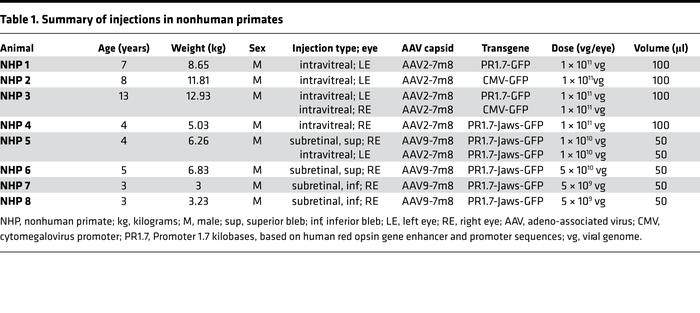 Summary of injections in nonhuman primates