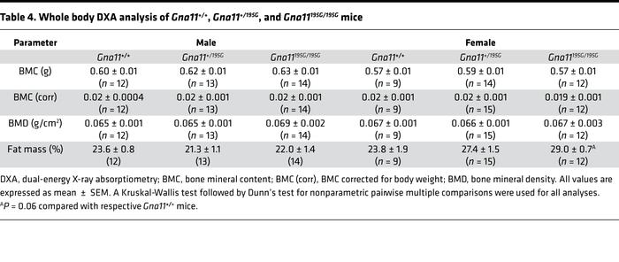 Whole body DXA analysis of Gna11+/+, Gna11+/195G, and Gna11195G/195G mice