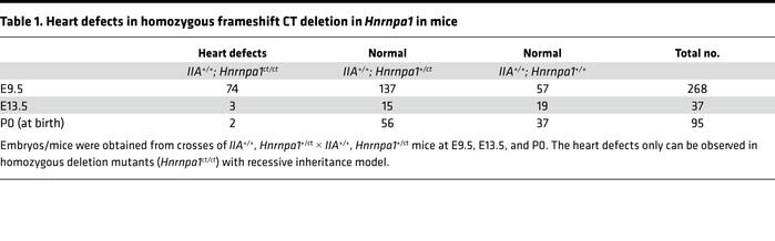 Heart defects in homozygous frameshift CT deletion in Hnrnpa1 in mice